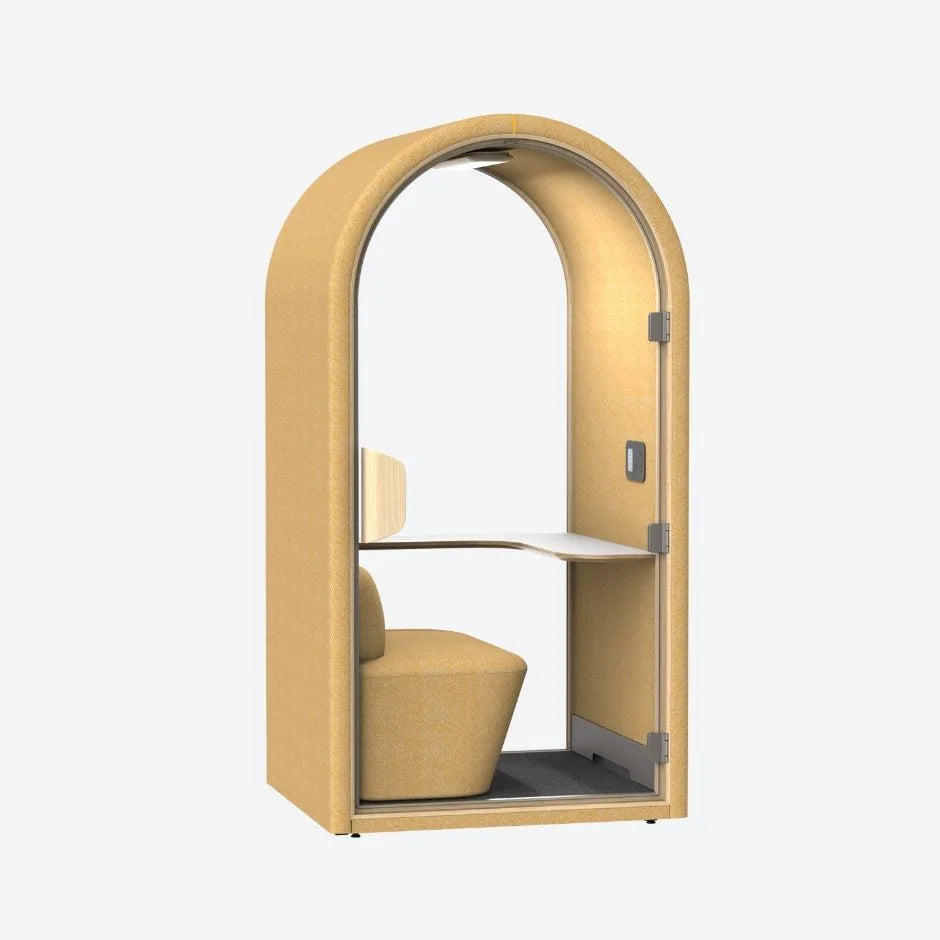 Gold acoustic pod with soft curved design, built-in seat and work desk β ideal for quiet focus in open-plan workspaces.