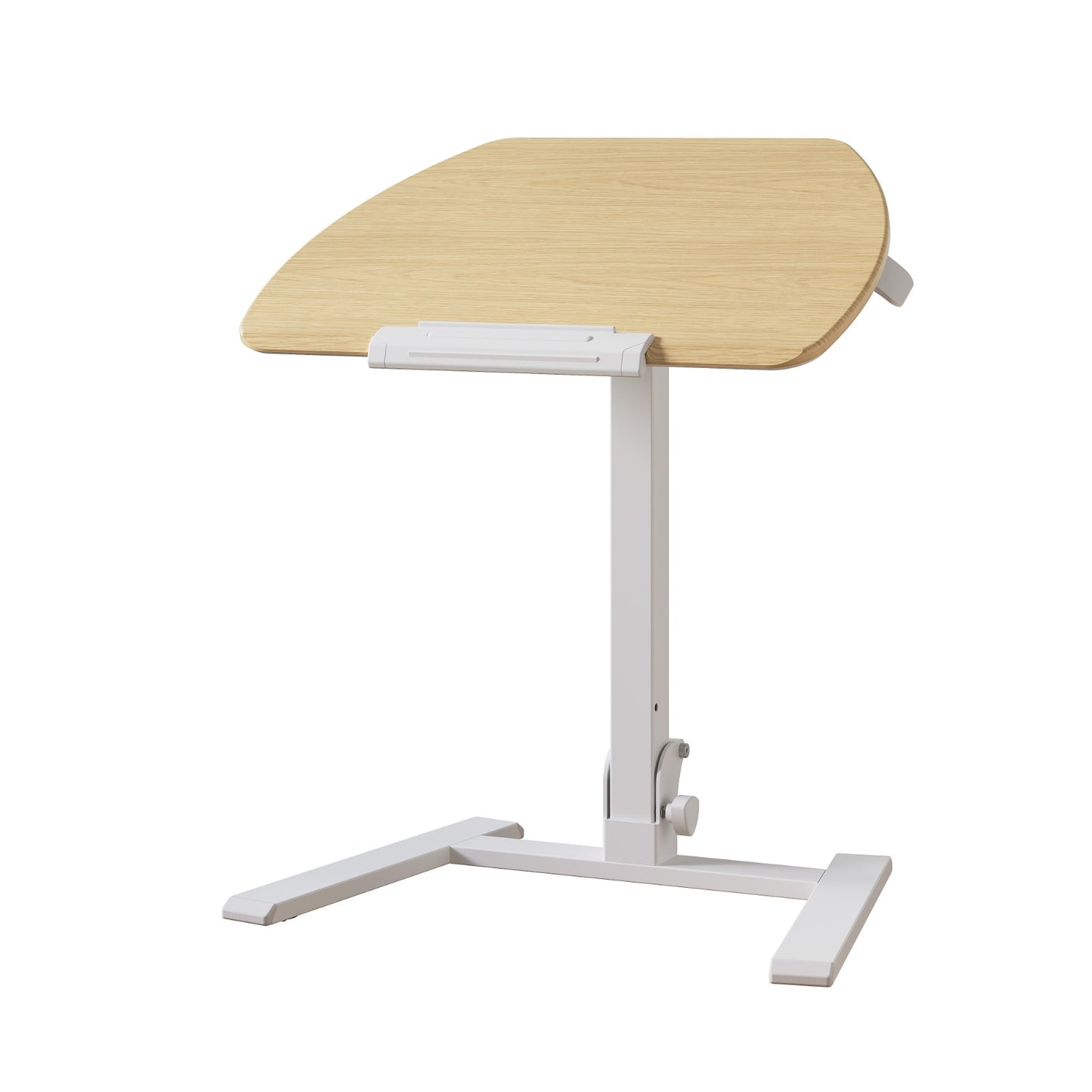 Light wood portable standing desk with white frame, featuring an adjustable desktop angle β compact and functional for home or office use.