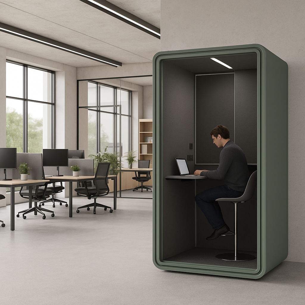 SpacePod Solo - Olive Green and Dark Gray Fabric with Furniture